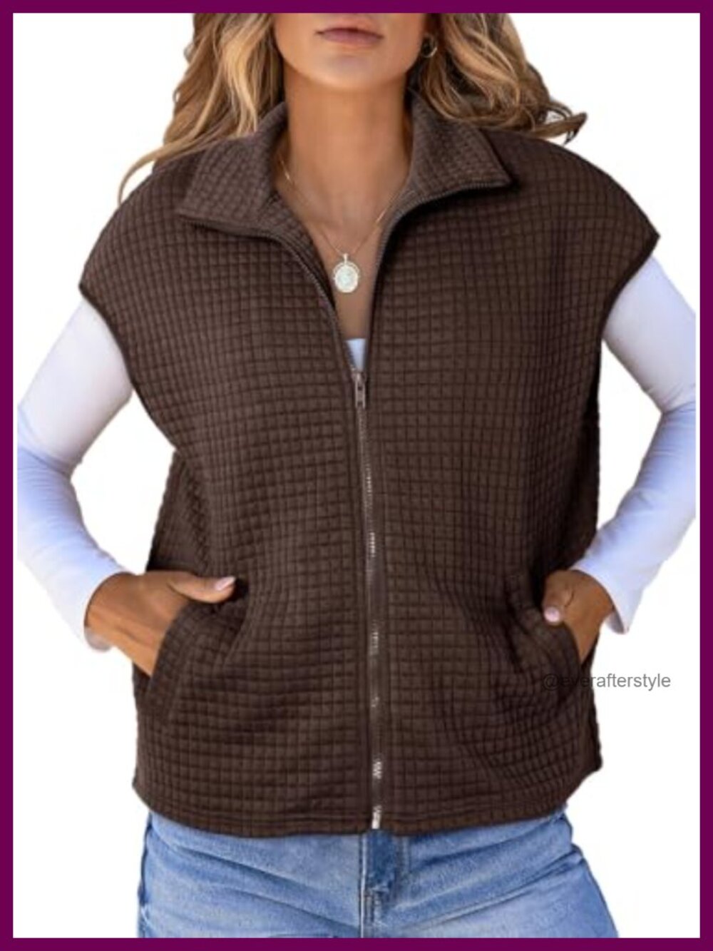Waffle Knit Zip-Up Vest Top with Cap Sleeve and Pockets
